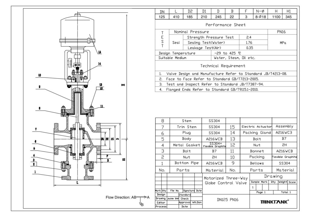 dn125 motorized three way control valves drawing